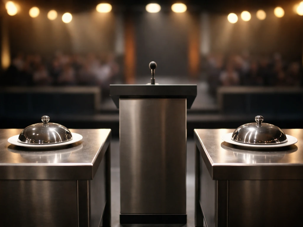 Empty culinary TV judging set with tasting stations, warm studio lights, and a media backdrop