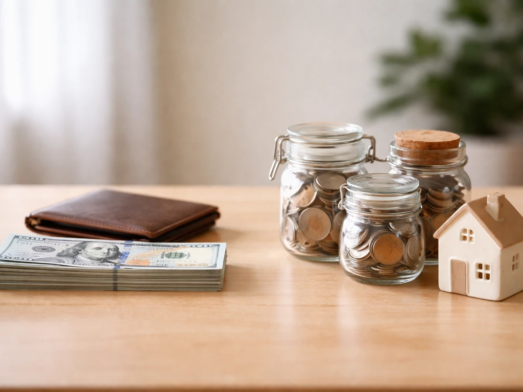 Tabletop scene with cash/wallet on one side and coins/jars/house figurine on the other.