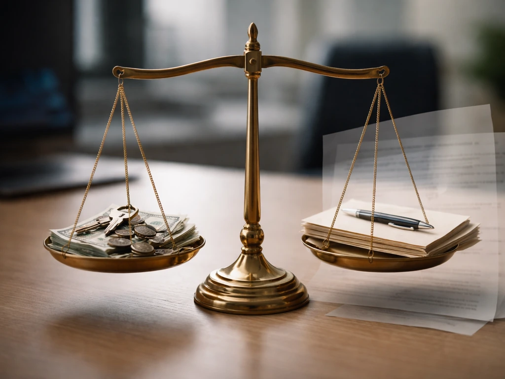 Balance scale with asset cash and keys versus loan papers, symbolizing net worth estimates