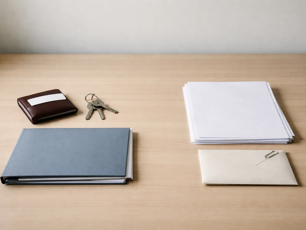Minimal desk scene showing assets vs liabilities with wallet, keys, folders, and loan papers
