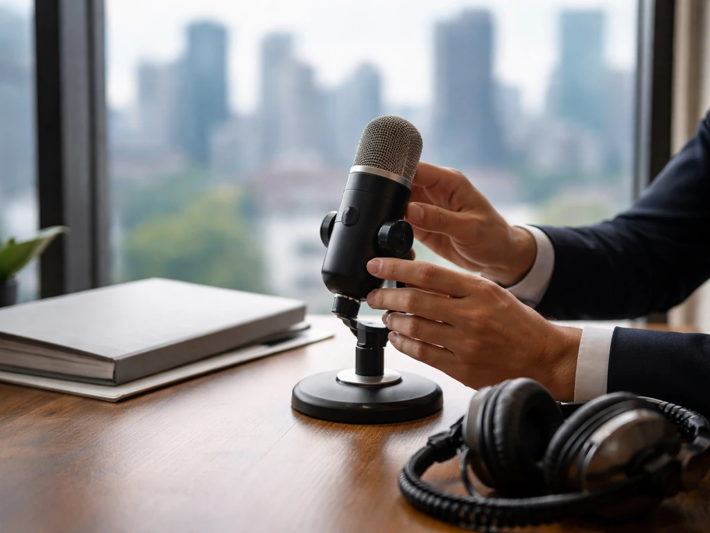 Anonymous hands adjust a TV studio microphone on a tidy desk with a city skyline in soft blur.