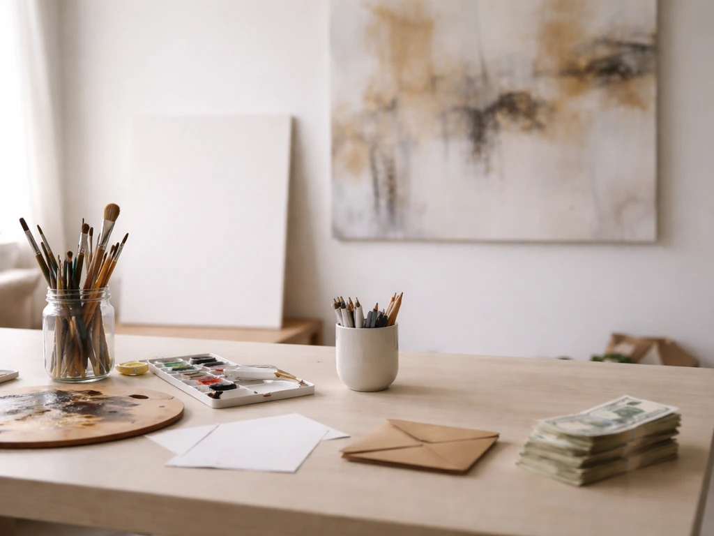 Minimal photo of a contemporary art studio with a money-themed wall piece and soft daylight, symbolizing net worth resea