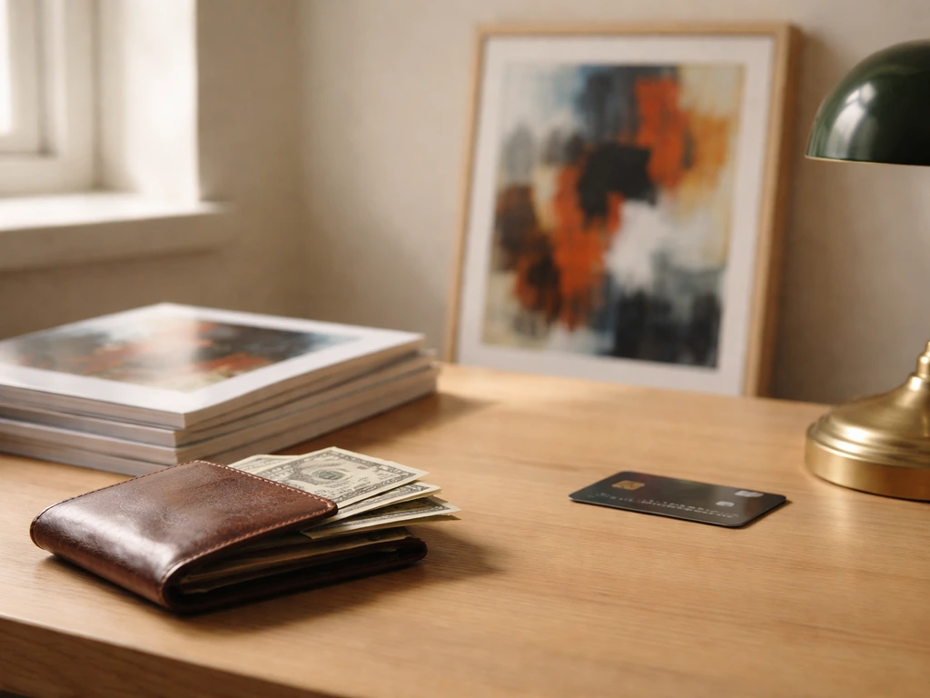 Anonymous art studio desk with wallet, cash, cards, and blurred auction catalogs near a framed painting.