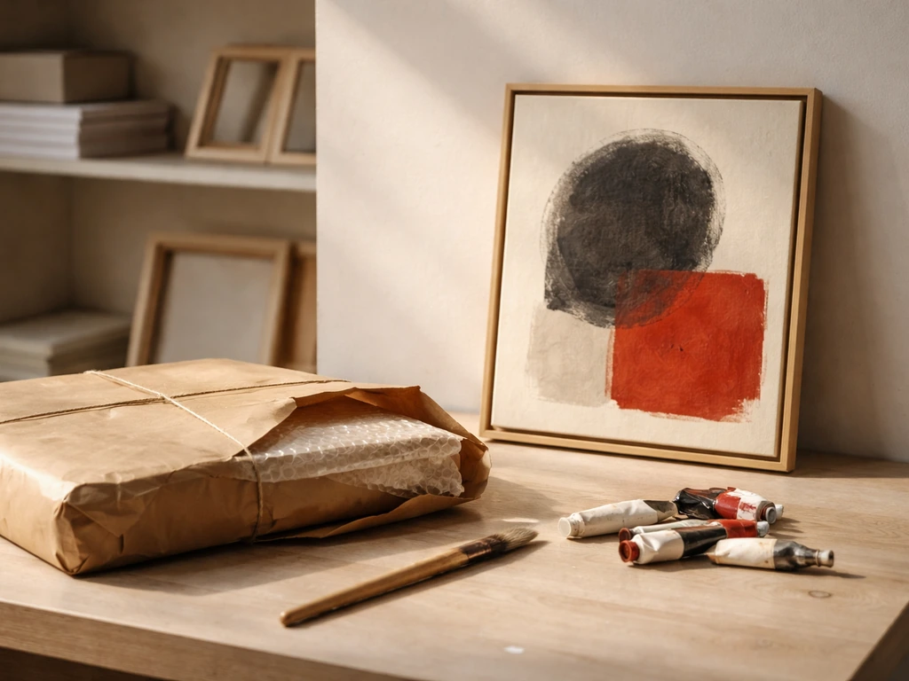 Art studio desk with auction envelopes and a framed abstract painting, symbolizing wealth and controversy era.