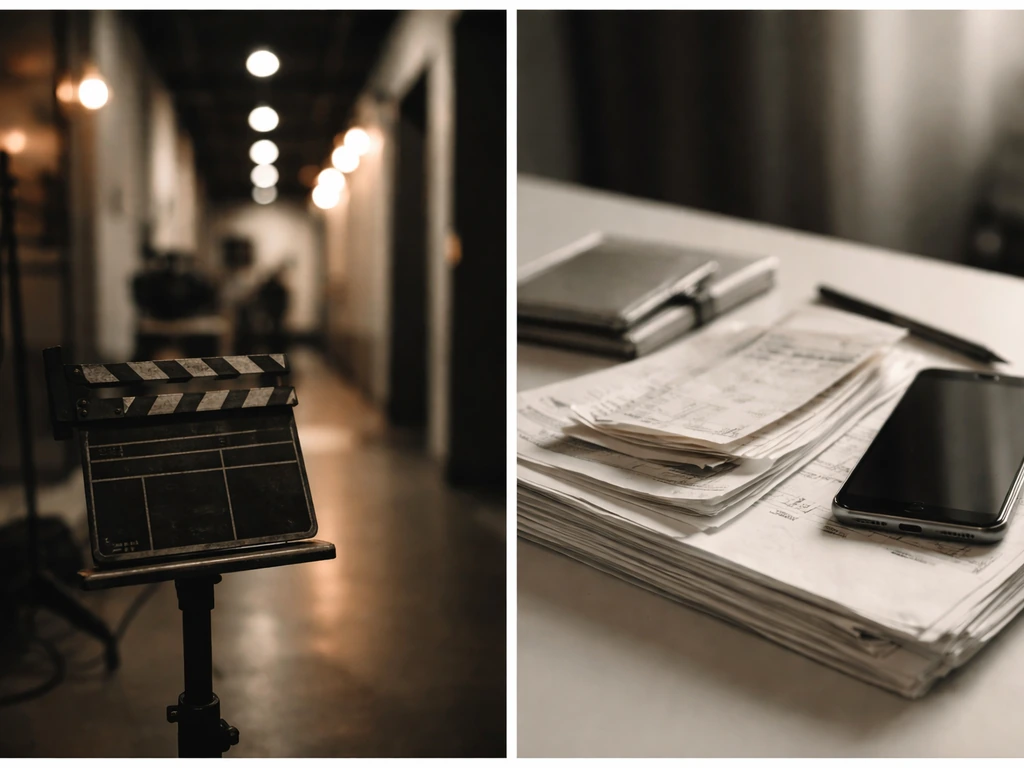 Cinematic film-set clapperboard and generic receipts on a desk, symbolizing net worth verification.