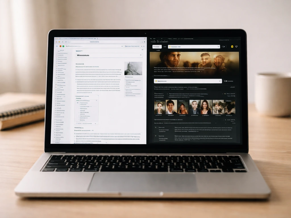 Close-up of a laptop showing Wikipedia and IMDb pages side-by-side, query bar visible, checking information.
