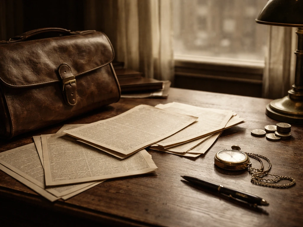 Vintage desk with coins, papers, and a lamp in archival-era style, implying wealth and records.