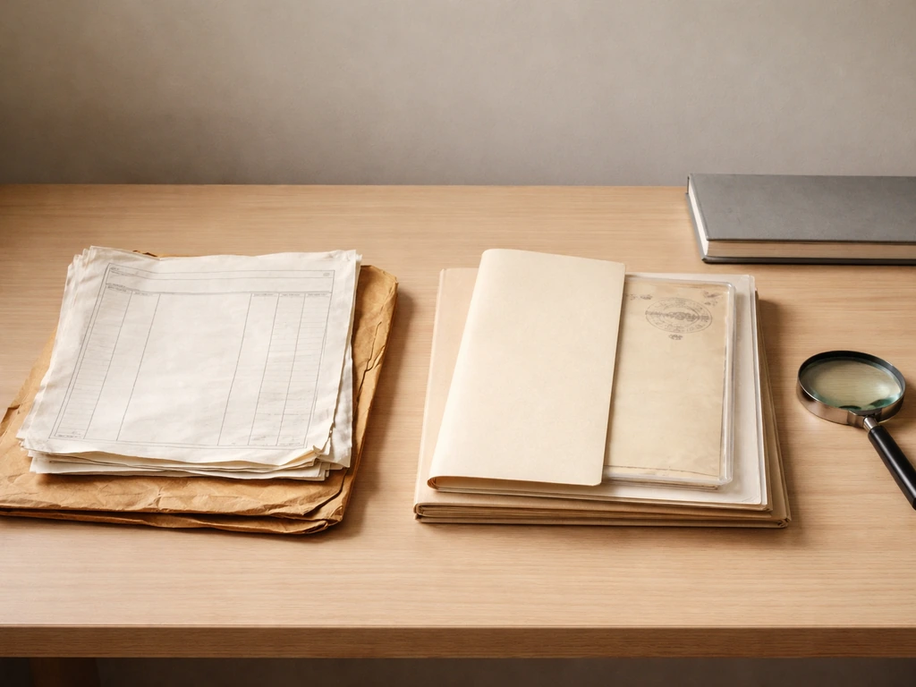 Side-by-side worn photocopies and clean archival records on a desk, symbolizing low vs stronger evidence.