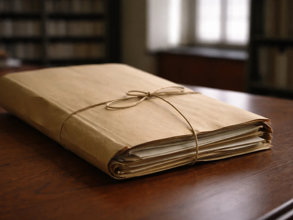 Close-up of yellowed archival court documents in a folder on a wooden desk in a records room.