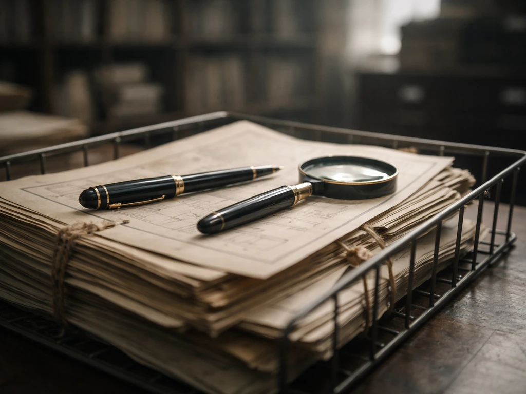 A close-up of aged business records in a filing tray with a fountain pen and magnifying glass.