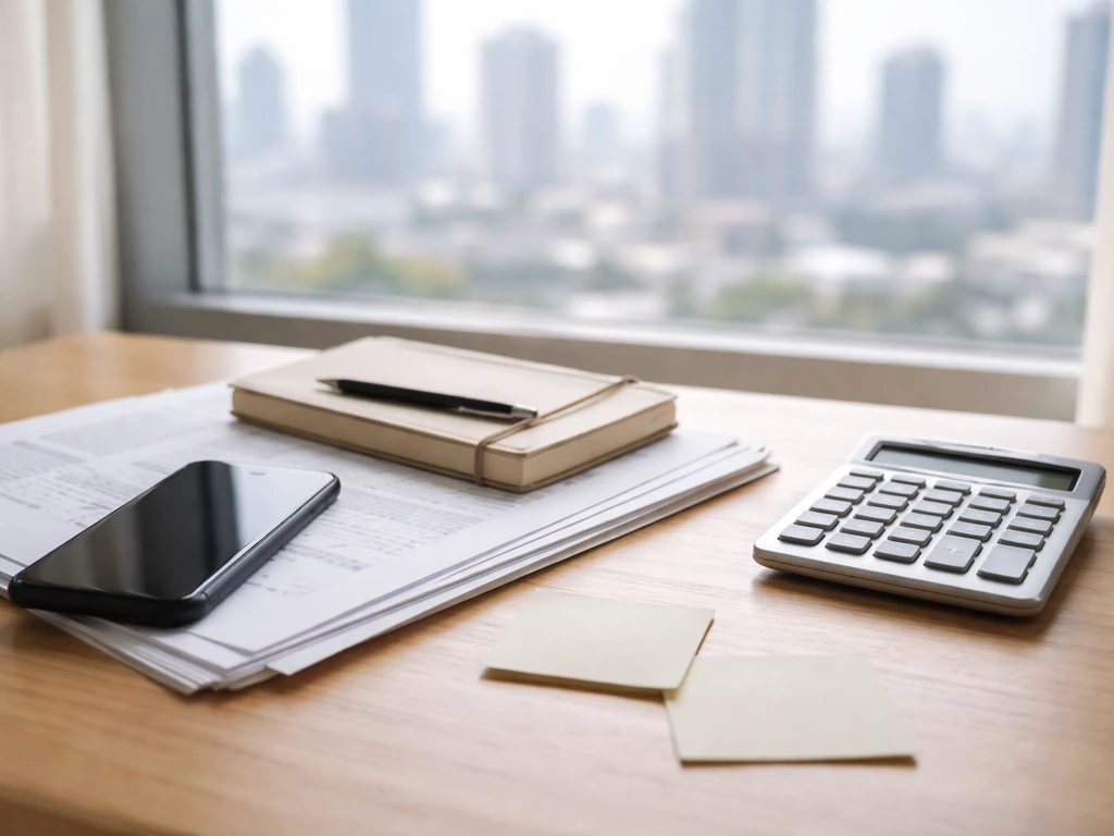 Desk scene with phone, blank notes, calculator, and papers suggesting differing net-worth estimates.