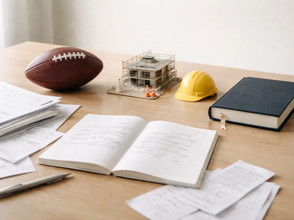 Minimal desk scene with financial documents, ledger pages, and symbolic objects representing earnings, business revenue,