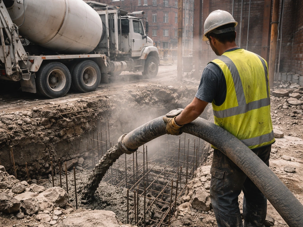Close-up of a construction worker guiding a concrete mixer hose at a quiet Baltimore job site.