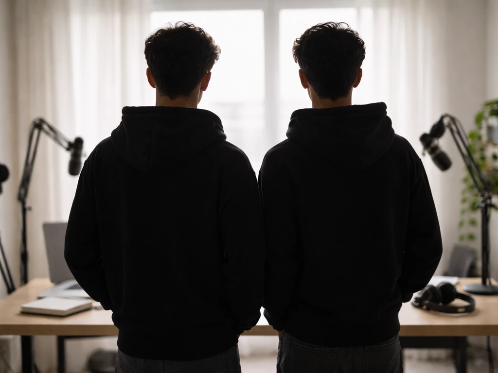Anonymous twin-like figures in a bright studio with microphones, symbolizing the Dobre brothers search context.