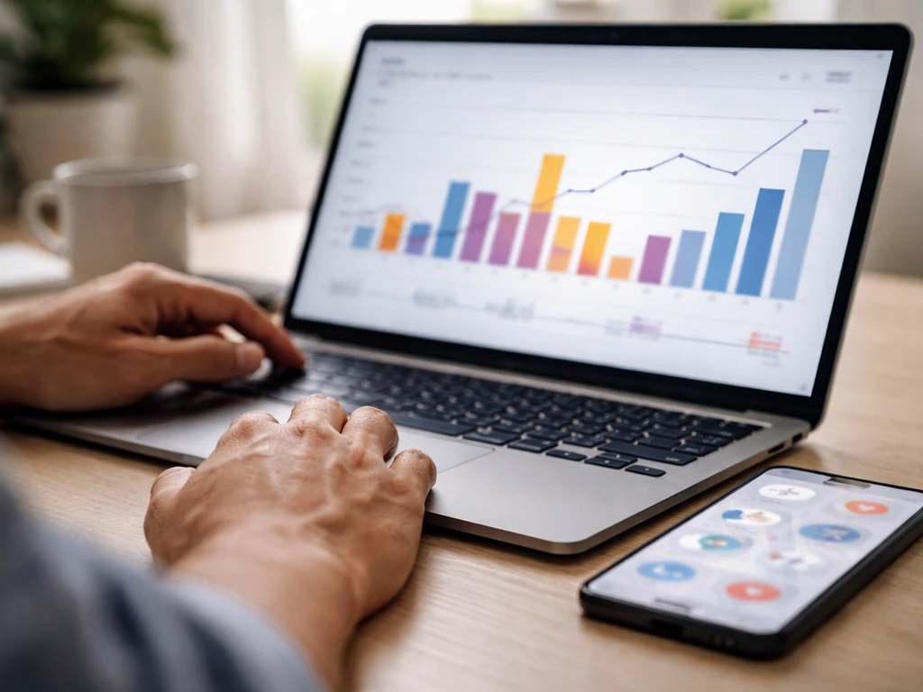 Hands using a laptop with blurred video-analytics style visuals and a phone with generic social metrics icons.