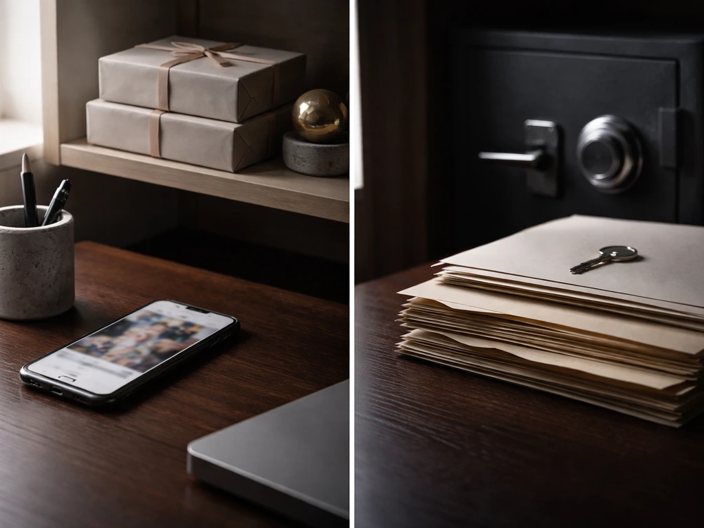 Split desk scene: public merch/lifestyle items on one side, blank private documents and a safe on the other.