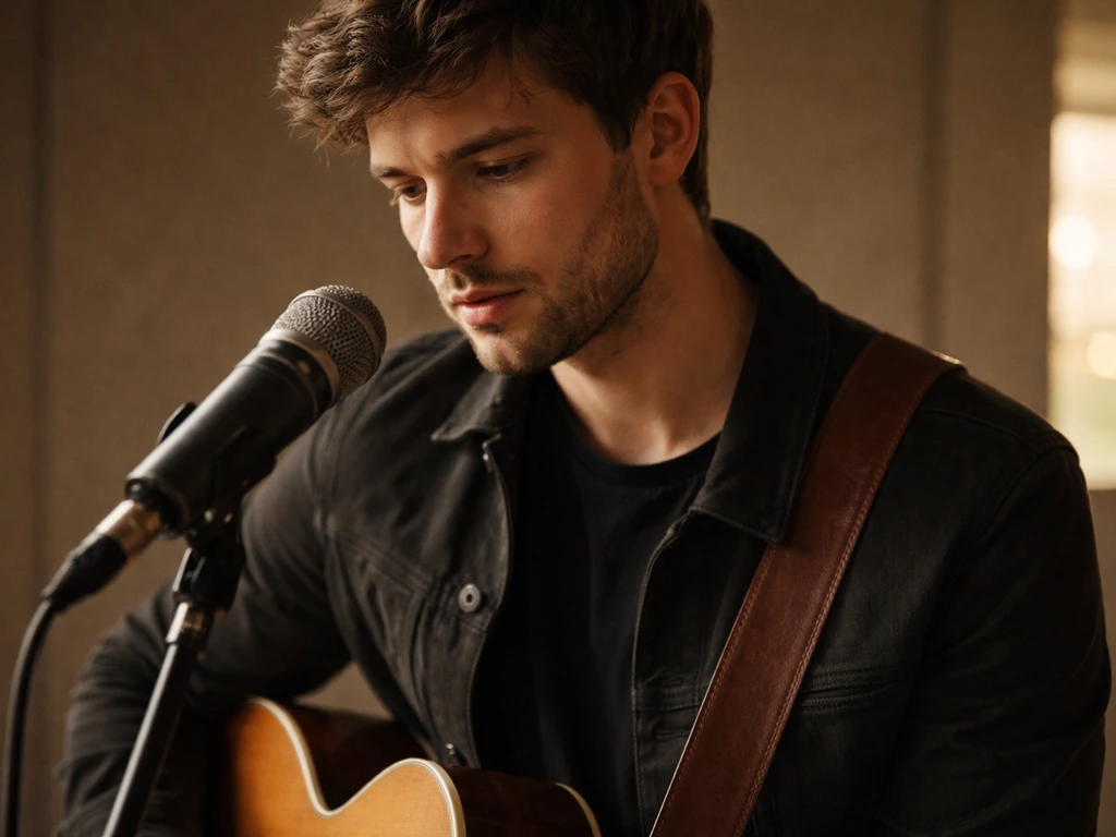 English singer-songwriter in dark jacket at a quiet studio microphone, warm natural light