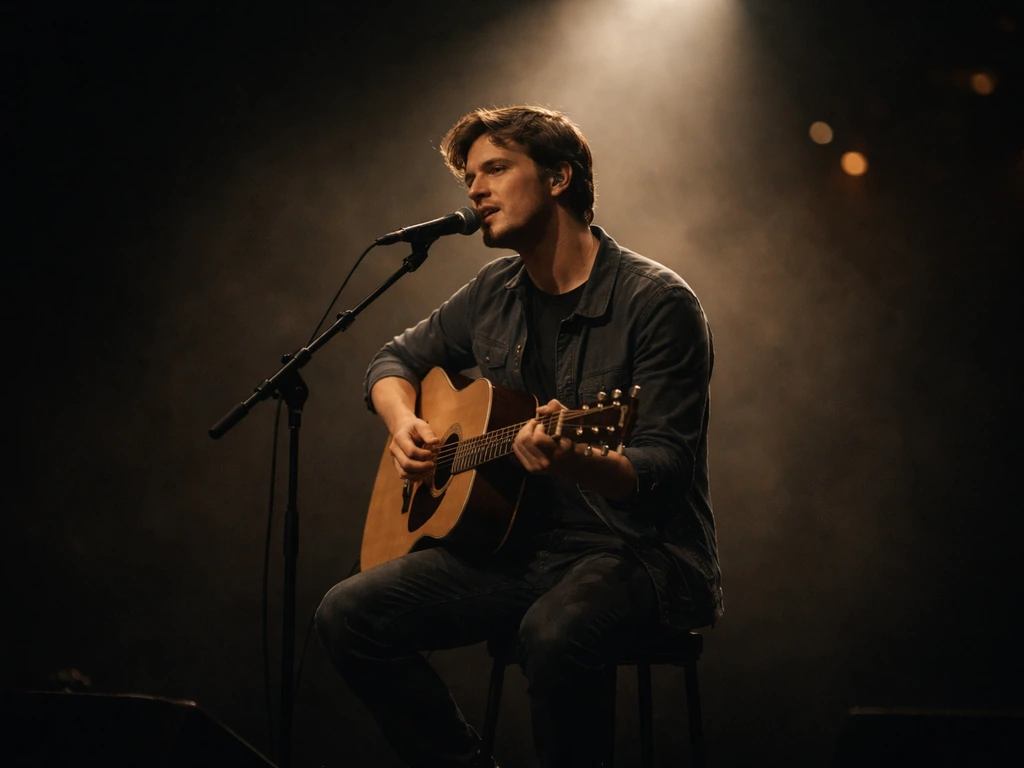 Musician performing on a concert stage with guitar and microphone under warm spotlight.
