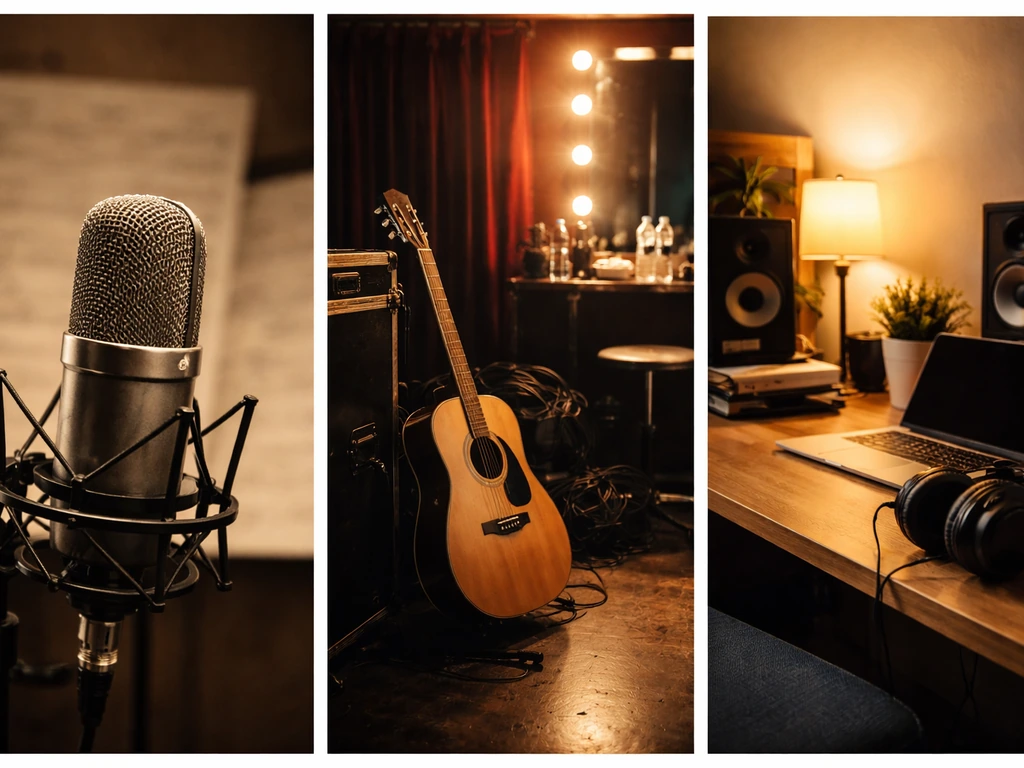 Minimal photo montage of a musician’s career eras using symbolic studio and touring cues, no people