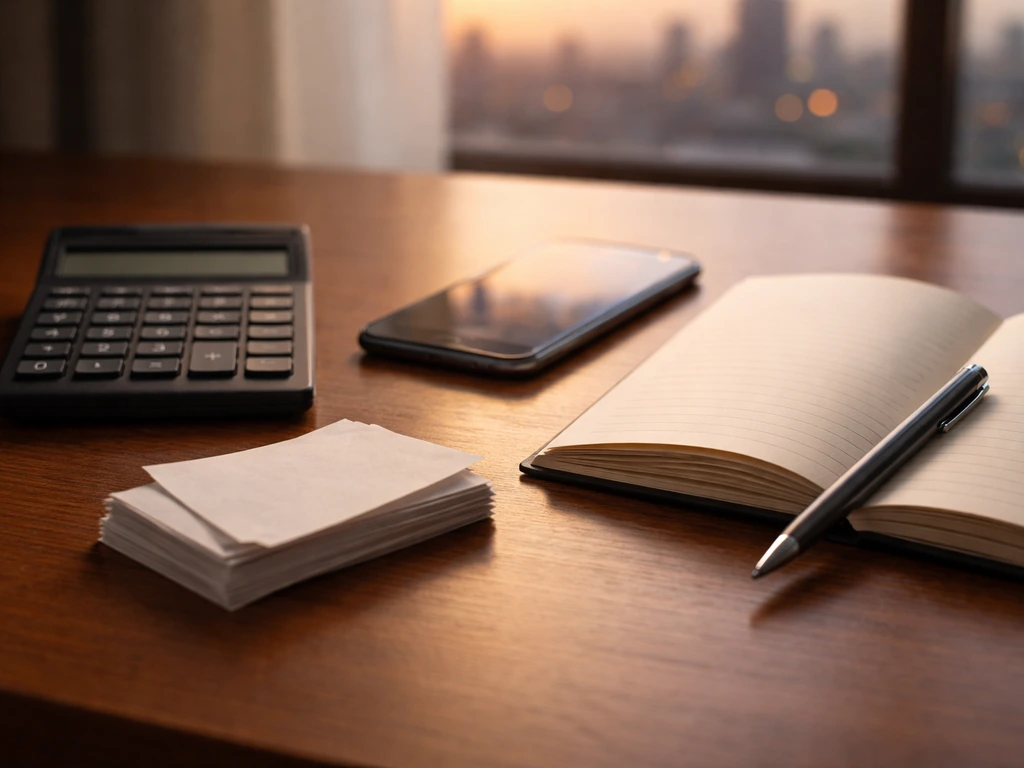 Close-up of a calculator and blank ledger on an investment desk with a blurred city reflection.