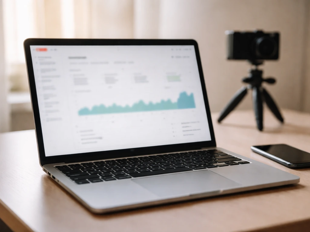 Close-up of a laptop showing a blurred analytics-style dashboard next to a phone on a desk.