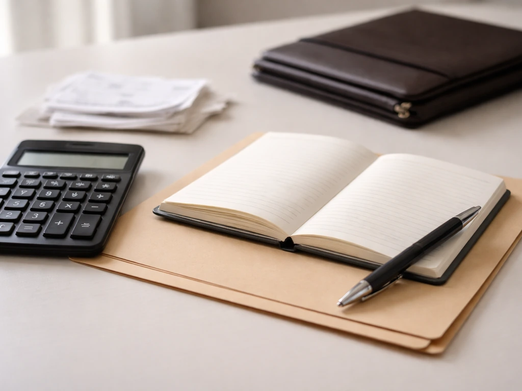 Minimal close-up of a notebook, calculator, and pen on a desk with softly blurred business documents