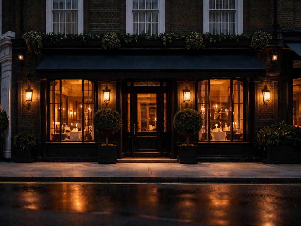 Exterior of a refined London restaurant with warm lighting, suggesting an iconic culinary flagship.