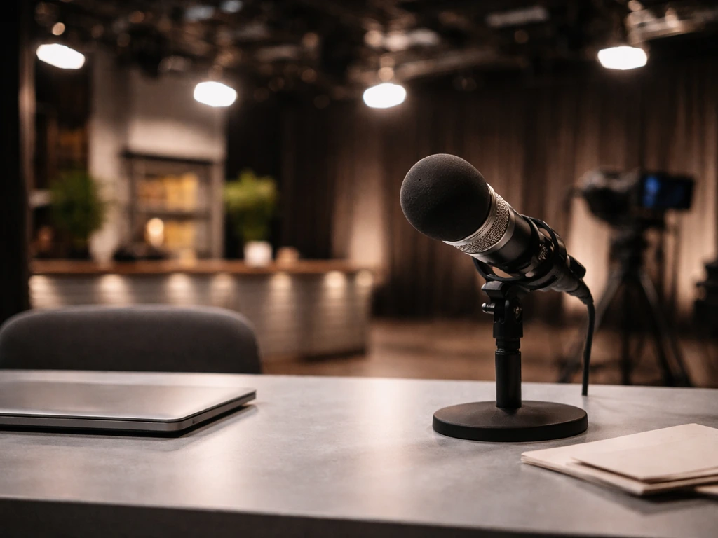 A quiet BBC-style TV studio desk with a microphone and producer notes, symbolizing TV media earnings.