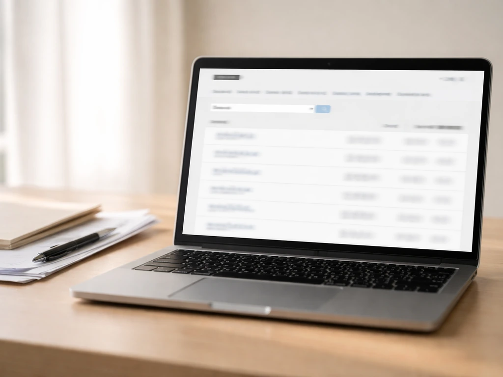 A laptop showing a blurred Companies House-style company records search page, with documents beside it