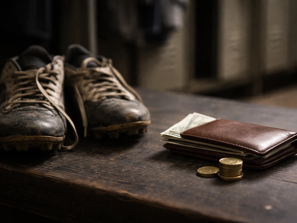Worn football cleats, wallet, and coins in a quiet locker-room setting symbolizing net worth research.