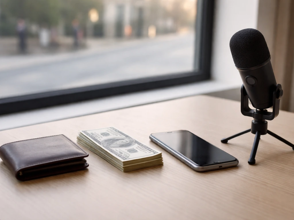 Money and a microphone on a desk with a blurred city window, symbolizing financial media analysis.