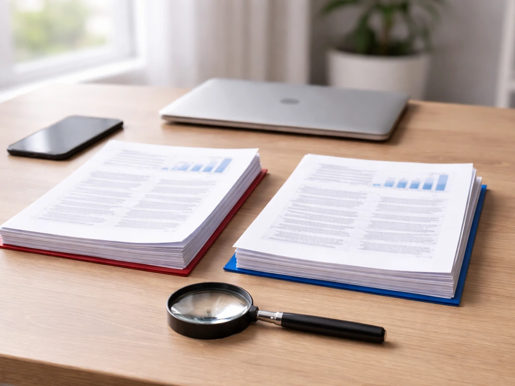 Minimal office desk with two paper stacks and magnifying glass suggesting side-by-side financial estimate comparison