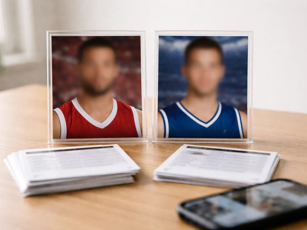Minimal desk scene with two anonymous profile image placeholders suggesting comparison of two athletes.