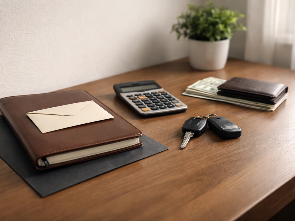 Minimal photo of a binder and envelope on a desk with a calculator, cash, and car keys symbolizing assets vs liabilities