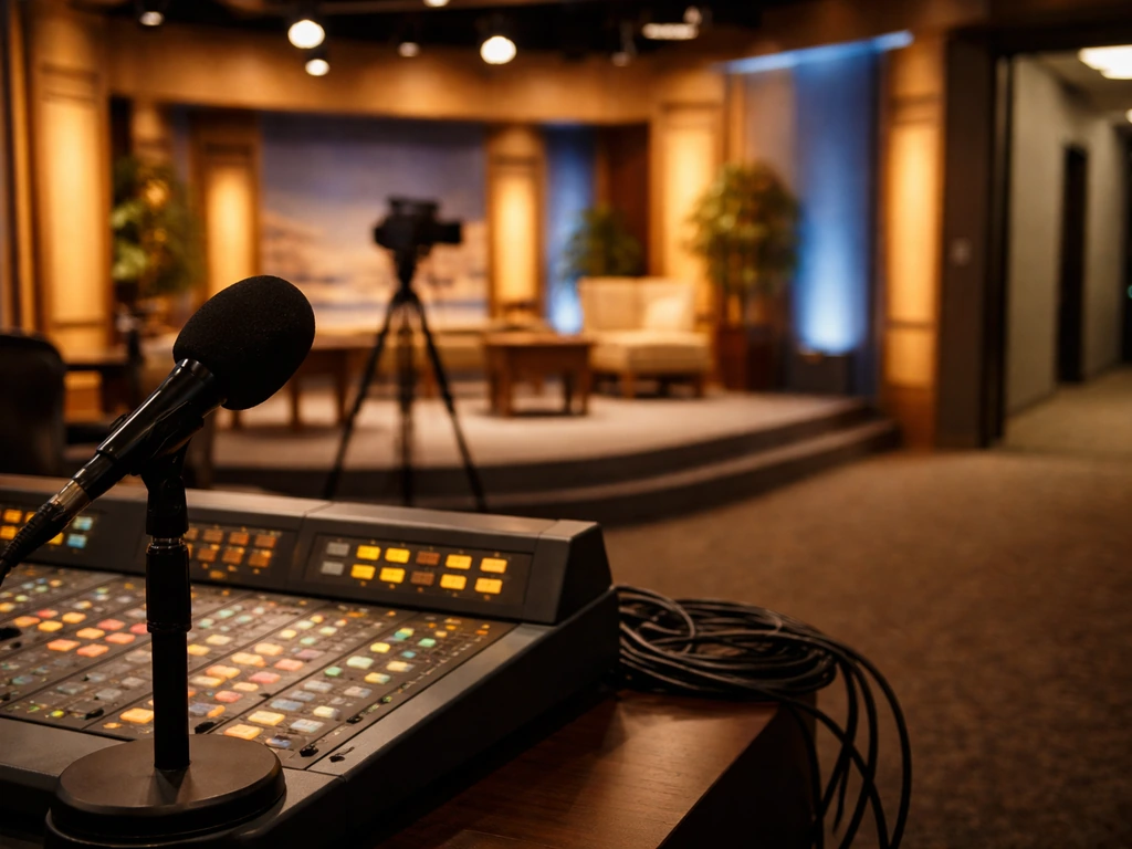 Empty TV studio setup with microphone and broadcast console, warm amber lighting evoking a media ministry