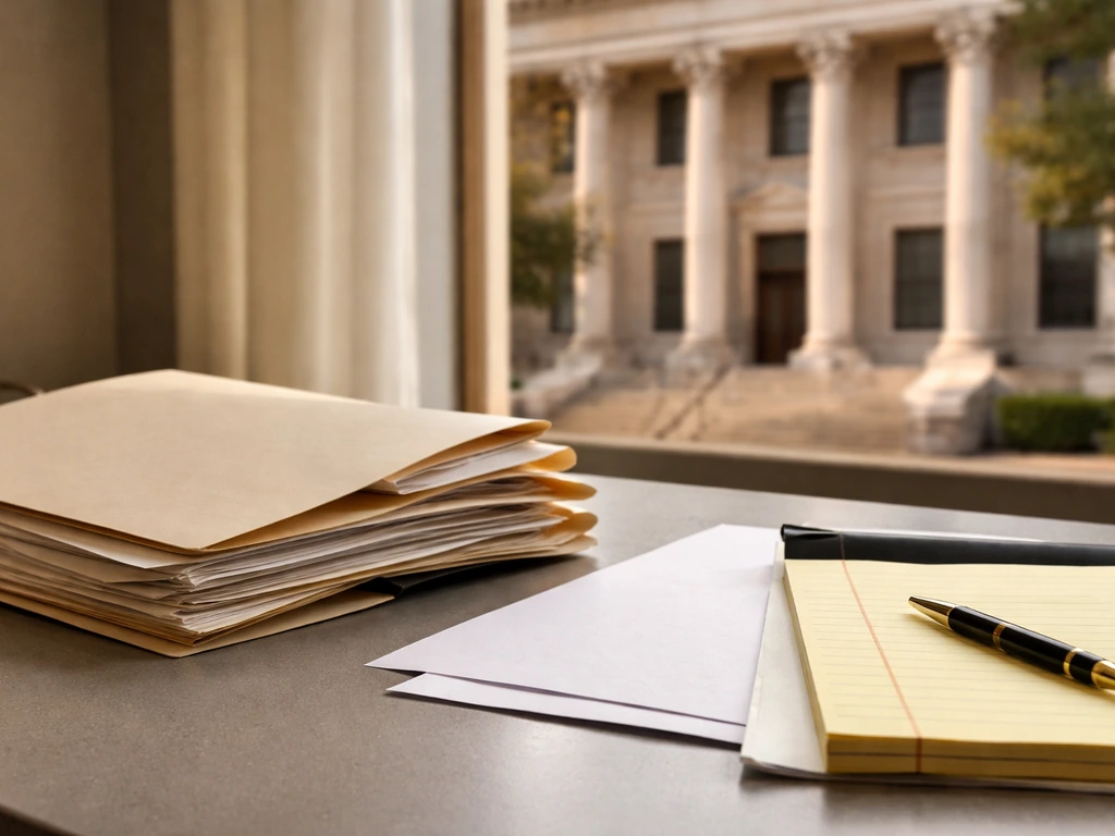 Manila court-record folders on a desk with a blurred courthouse background, suggesting probate evidence.