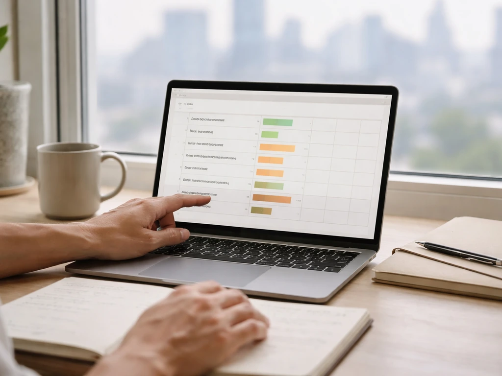 Lone person’s hand pointing at a simple spreadsheet with finance notes on a desk near a city view.