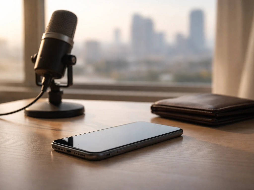 Phone and studio microphone on a desk with a city skyline blur, symbolic of earnings and media work.