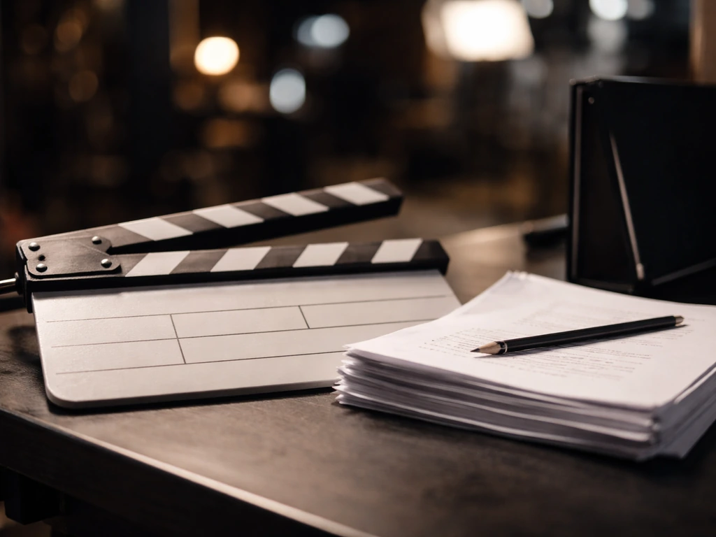 Clapperboard and script pages on a film set desk beside a teleprompter stand, blurred studio lights behind.