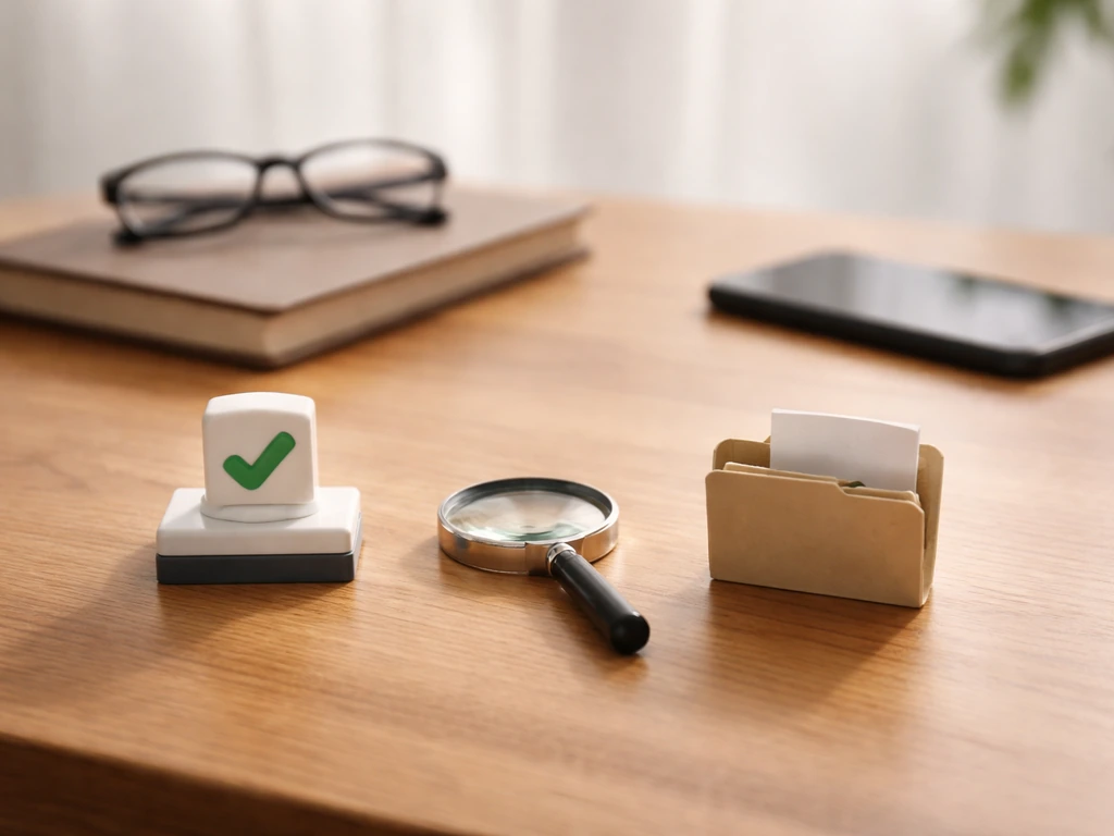 Wooden desk with glasses and notebook plus a magnifying glass and stamp pad suggesting source verification.
