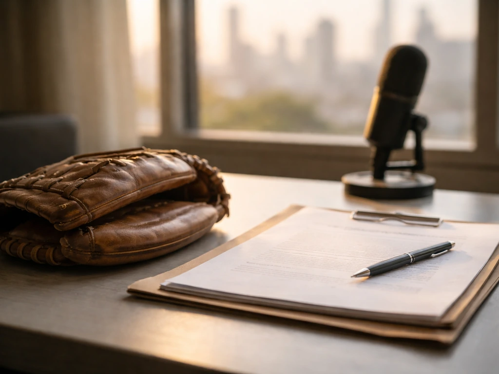 Minimal photo of a baseball glove and contract folder on a desk, symbolizing MLB career and wealth topics