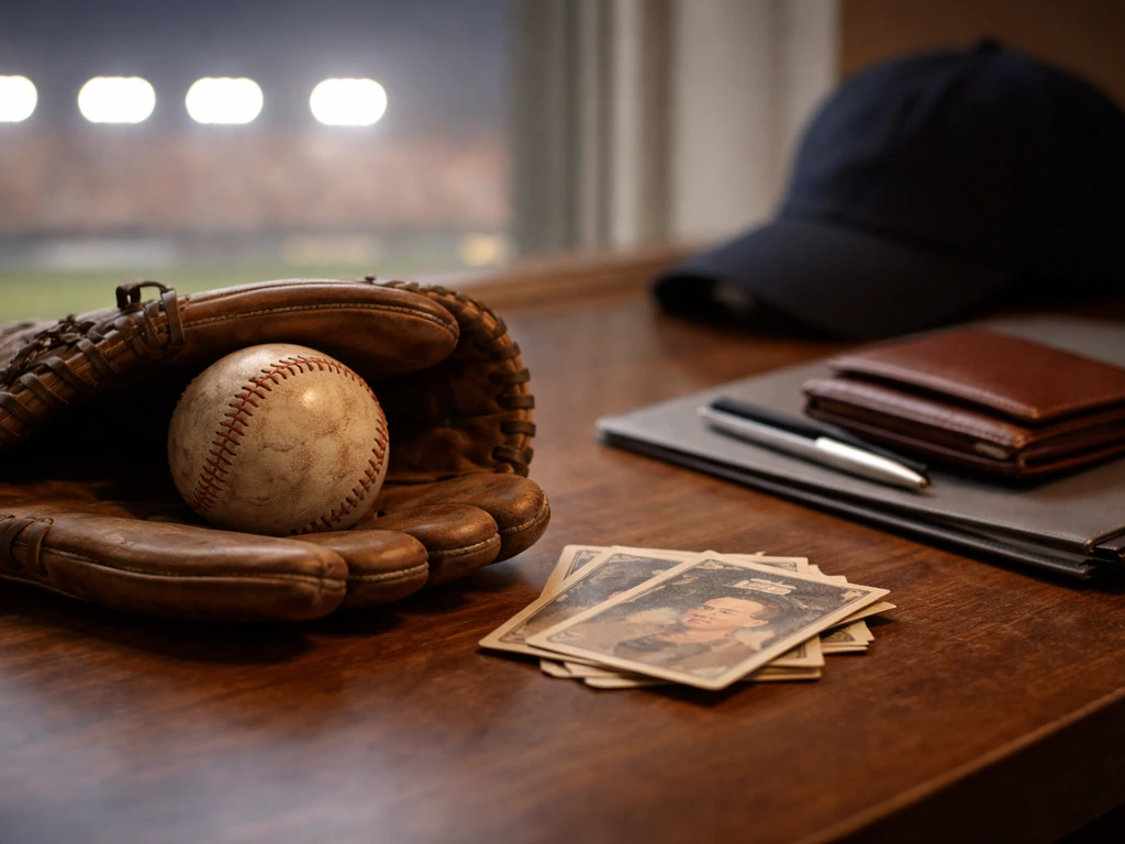Close-up of a baseball glove and worn baseball on a desk with a blurred stadium background.