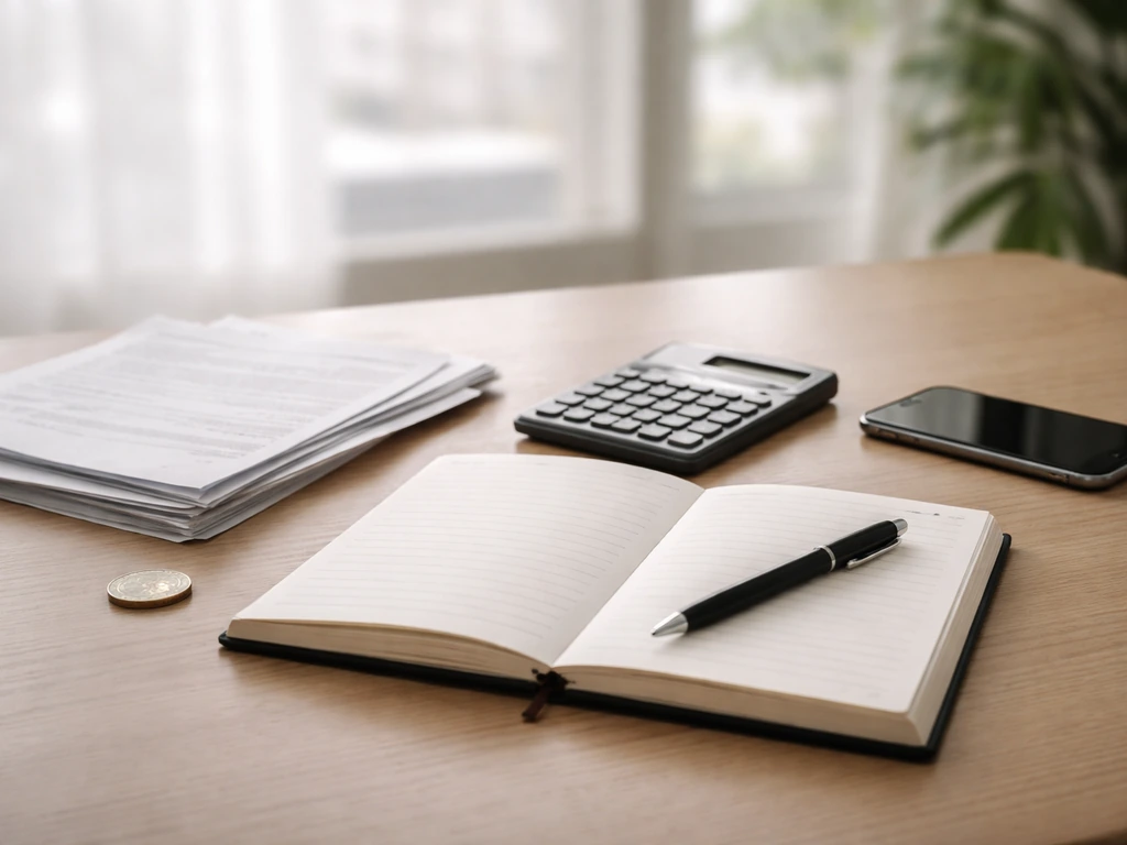 Minimal desk scene with a calculator and scattered financial papers suggesting transparent net worth estimate ranges