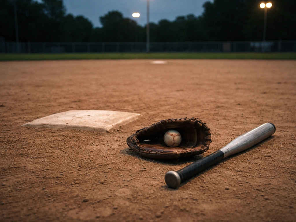 Vintage baseball field at dusk with a second baseman glove and bat resting on the dirt, symbolizing 2001–2007 MLB years.