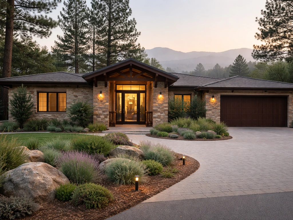 Modern alpine home exterior with stone entryway and driveway in soft morning light, minimal and realistic.