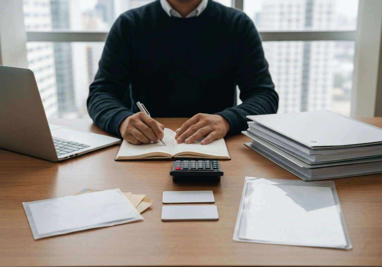 Anonymous analyst’s desk with calculator and blank documents, symbolizing net-worth inputs and unknowns.