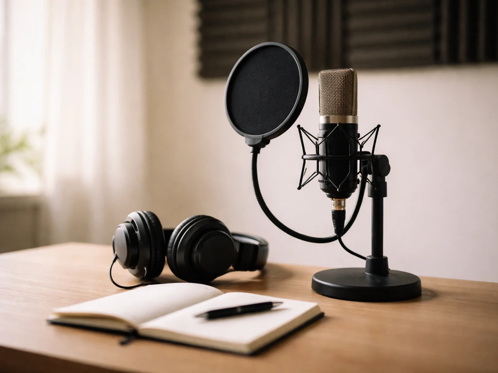 Minimal podcast studio scene with a microphone and warm light suggesting media income