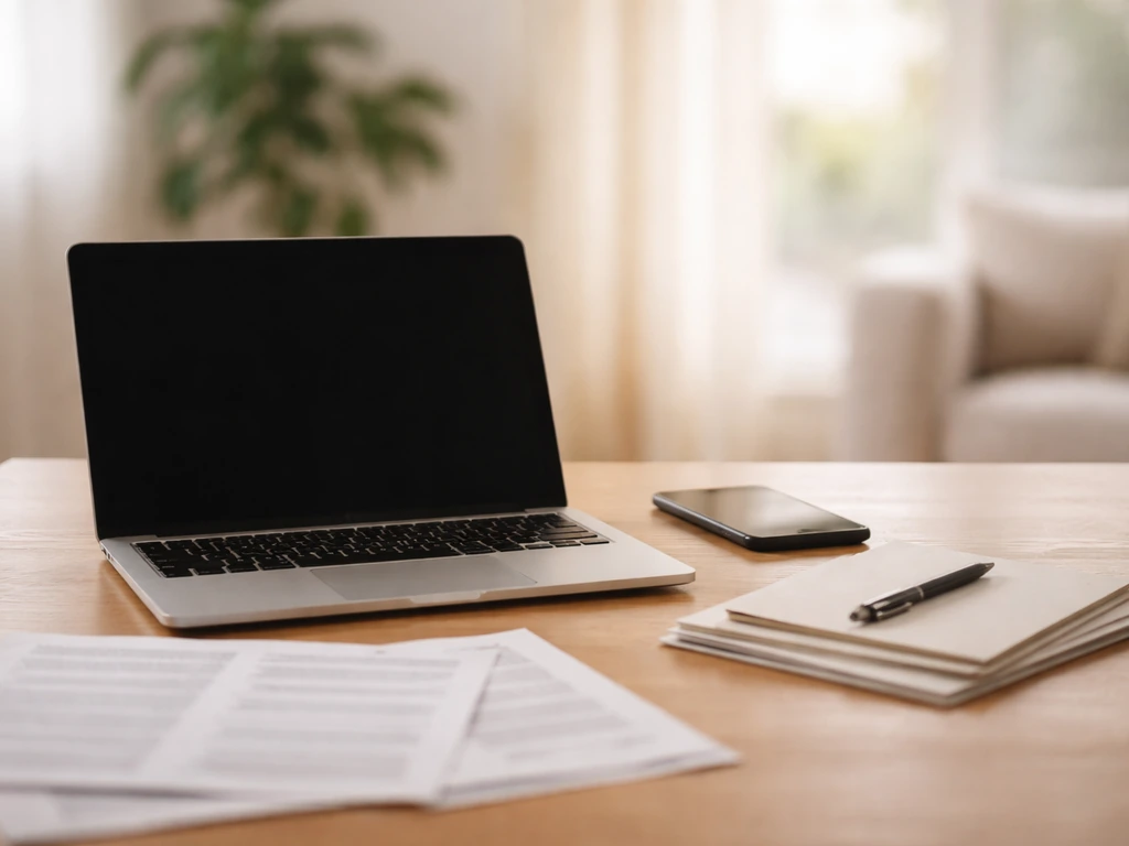 Open laptop and papers on a wooden desk with a checkmark pen, suggesting source verification at home.