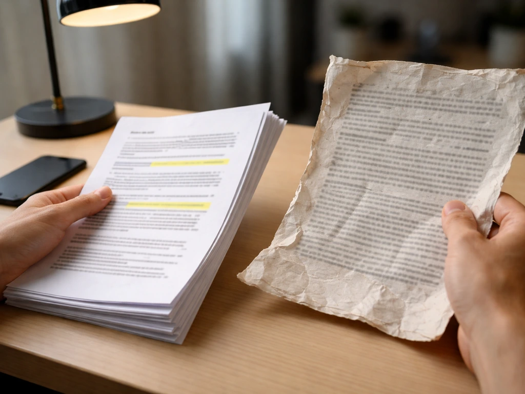 Hands holding printed reports beside a crumpled blog-like page, symbolizing credible vs unreliable sources.