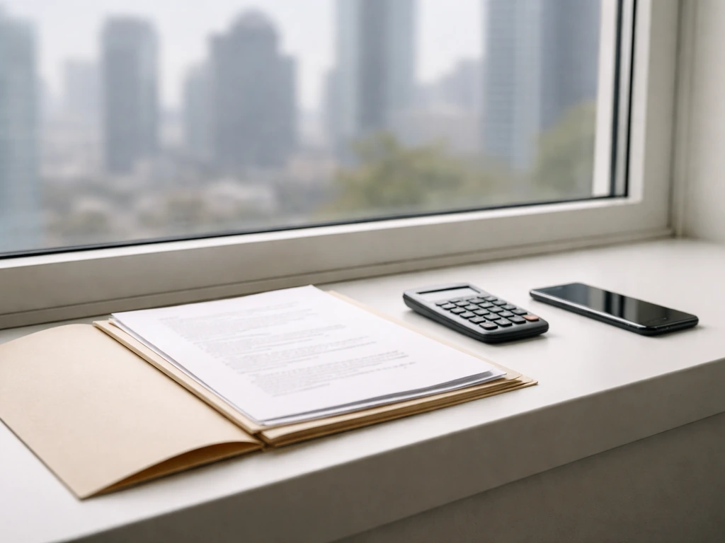 Minimal desk scene with neutral documents and a calculator-like device, suggesting net worth verification